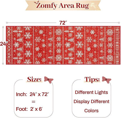 Christmas Area Rug 2x6 Runner Rugs: Washable Xmas Holiday Decor Hallway Rug Snowflake Low Pile Boho Rugs Long Indoor Floor Carpet for Kitchen Bedroom Dining Room(Xmas Red, 2'x6')