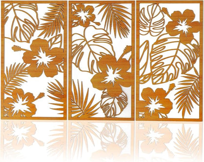 KOYILTD 3 Pieces Wooden Palm Leaf Wall Decor Tropical Wall Decoration Wood 3D Wall Art Set Tropical Palm Leaf Wall Sculptures Minimalist Plant Wall Art for Home Living Room Bedroom (Floral)
