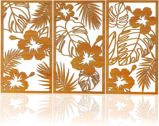 KOYILTD 3 Pieces Wooden Palm Leaf Wall Decor Tropical Wall Decoration Wood 3D Wall Art Set Tropical Palm Leaf Wall Sculptures Minimalist Plant Wall Art for Home Living Room Bedroom (Floral)