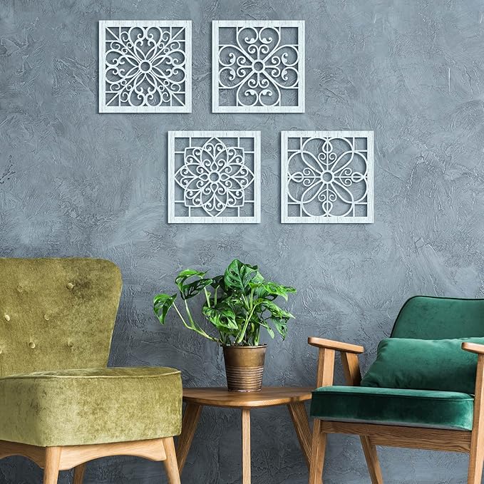 Yulejo 4 Pieces Thicken Rustic Wall Art - Farmhouse Wooden Hollow Carved Design for Living Room, Bedroom, Hallway, Office, Kitchen Decoration (Light Cyan)