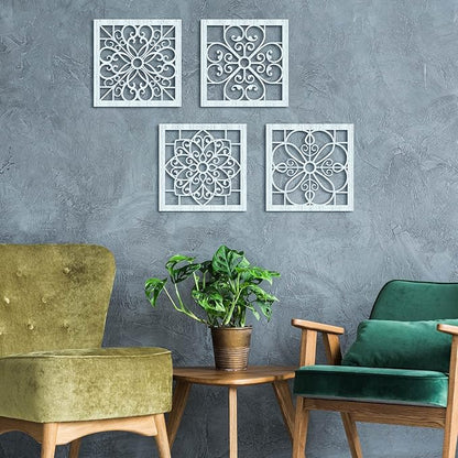 Yulejo 4 Pieces Thicken Rustic Wall Art - Farmhouse Wooden Hollow Carved Design for Living Room, Bedroom, Hallway, Office, Kitchen Decoration (Light Cyan)