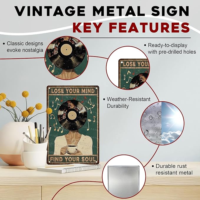 Metal Tin Sign Lose Your Mind Find Your Soul Funny Coffee Music Wall Art Decor For Cafe Bar Vinyl Records Rustic Plaque 8x12inch