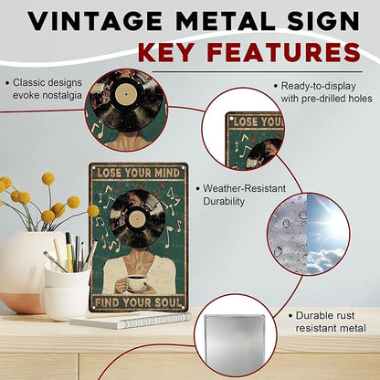 Metal Tin Sign Lose Your Mind Find Your Soul Funny Coffee Music Wall Art Decor For Cafe Bar Vinyl Records Rustic Plaque 8x12inch