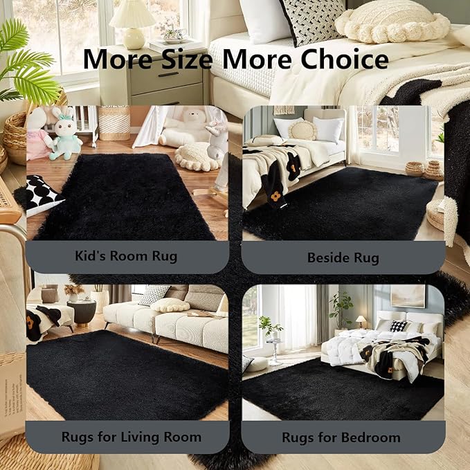 Floralux Living Room Rugs 8x10, Black, Rugs for Bedroom Large Shag Area Rug Carpets, Ultra Soft Shaggy Fluffy Carpet