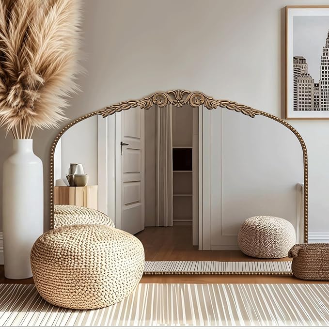 Besdomus Gold Large Arched Mirror: 40"x29" French Baroque Vintage Mirror - Traditional Ornate Antique for Mantel/Bedroom/Entryway/Bathroom/Hallway - Home Decor for Fashion-Conscious