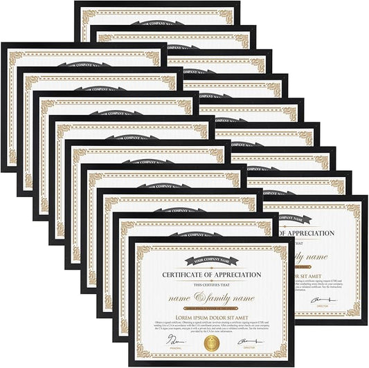 Hoikwo 18 Packs 8.5x11 Black Multi Plastic Picture Frames Set with Plastic Cover, Certificate Frames for Document Diploma Award, Light Weight Bulk 8.5 by 11 Frames Pack for Wall Hanging and Table