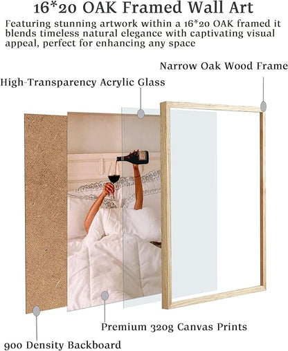EcoHest Woman Drinking Wine in Bed Framed Wall Art, 16x20 in Large OAK Wood Feminist Alcohol Canvas Art, Trendy Teen Girl Bar Cart College Room Decor, Beige Logs Set of 1 For Bedroom Living Room