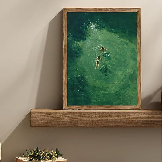 Framed Green Abstract Wall Art, Vintage Summer Swimming Canvas Wall Decor Painting, Minimalist Dark Green Water Landscape Poster Print Picture for Bathroom Bedroom Living Room 16x24 Inch