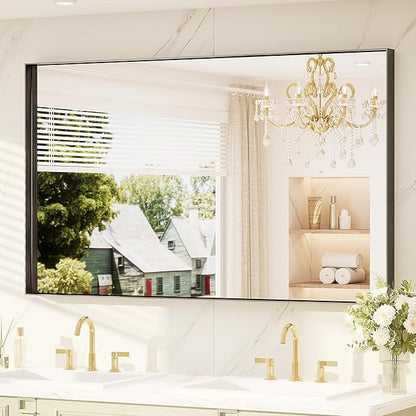 TETOTE 60" x 36" Black Bathroom Mirror, Matte Black Rectangle Framed Vanity Mirror for Bathroom Sink, Tempered Glass, Modern Farmhouse Wall Mirrors for Living Room, Bedroom, Entryway