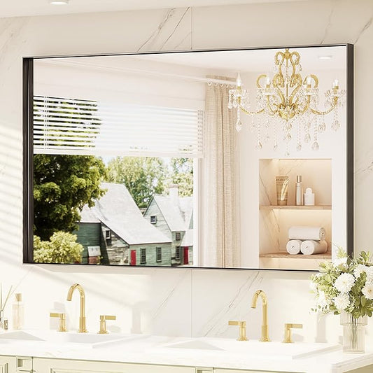 TETOTE 60" x 36" Black Bathroom Mirror, Matte Black Rectangle Framed Vanity Mirror for Bathroom Sink, Tempered Glass, Modern Farmhouse Wall Mirrors for Living Room, Bedroom, Entryway