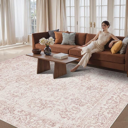 Rugxara 8x10 Pink Area Rug for Living Room & Bedroom, Large Washable Rugs for Nursery,Girls Room,Non Slip, Durable Low Pile Carpet, Vintage Carpets for Office, Dining Room, Kids Room and Farmhouse