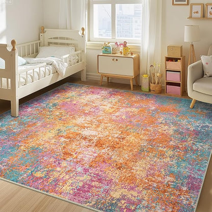 RELEANY Washable Area Rugs 8'x10' Non-Slip Modern Abstract Soft for Living Room Entryway Bedroom Nursery, Print Pattern, Orange Blue Pink Yellow Colorful
