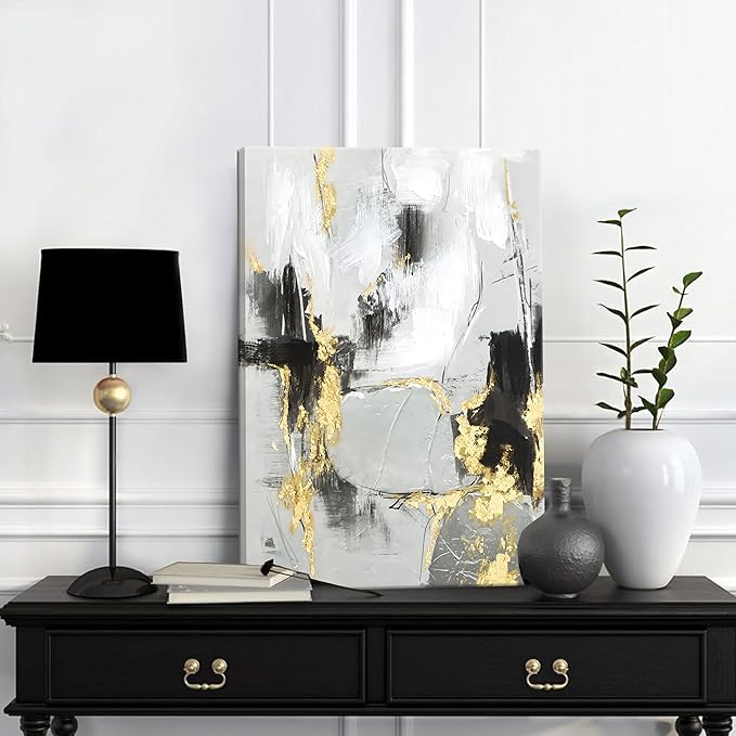 Framed Abstract Black Gold Wall Art Set of 2, Modern Black White Gold Canvas Prints Poster Picture for Living Room Bedroom Office Wall Decor 12 x 16 Inch