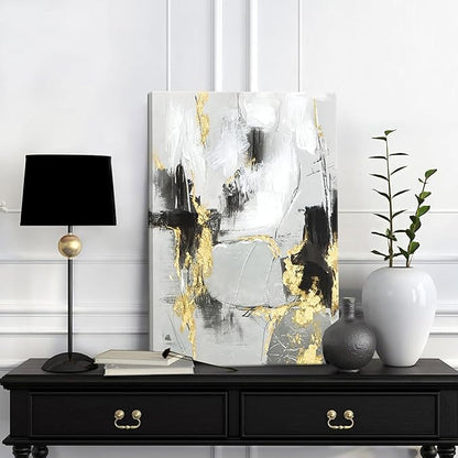 Framed Abstract Black Gold Wall Art Set of 2, Modern Black White Gold Canvas Prints Poster Picture for Living Room Bedroom Office Wall Decor 12 x 16 Inch