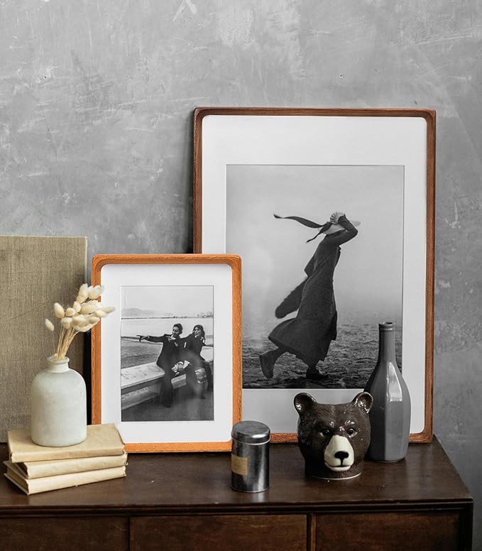 8x10 Picture Frame with Mat for 5x7/6x8, Natural Teak Wood Handcrafted Rounded Corner with Real Glass, Vertical or Horizontal Display Photo Gallery Wall & Tabletop Frame