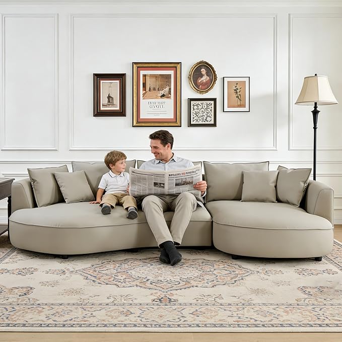 WILLIAMSPACE 124.8" Leather Curved Sofa Couch, Modern Upholstery Luxury Sofa with Pillows, Left Hand Facing Sectional Couch for Living Room (Right-Facing,Light Grey Leather)