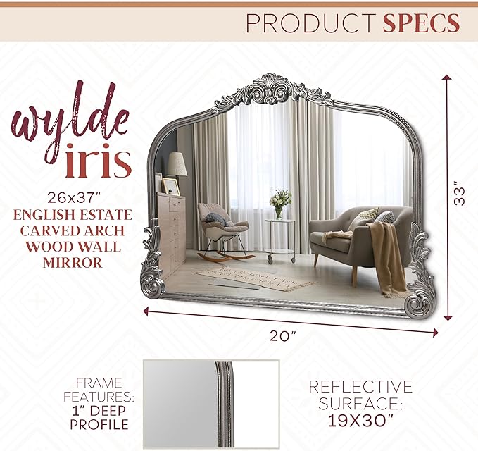 Wylde Iris English Estate Carved Arch Wood Wall Mirror, Mirror for Entryway, Living Room, Bathroom, Antique Silver, 26x37