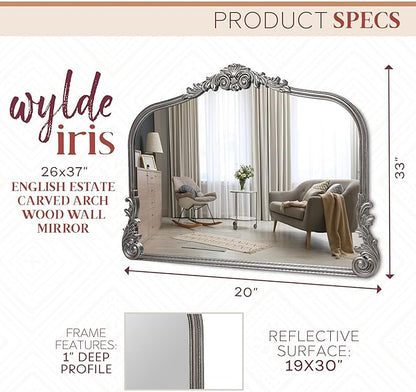 Wylde Iris English Estate Carved Arch Wood Wall Mirror, Mirror for Entryway, Living Room, Bathroom, Antique Silver, 26x37