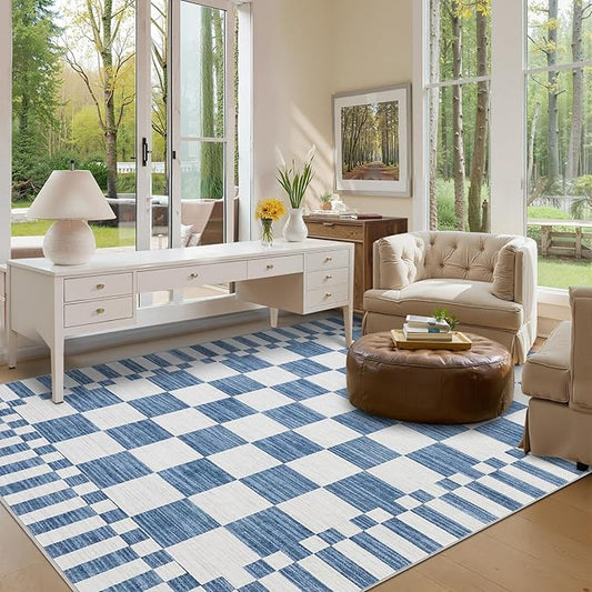 GarveeHome 8×10 Area Rugs for Living Room,Dark Blue Checkered Rug，Modern Non-Slip Washable Farmhouse Geometric Checkerboard Rugs for Bedroom Dining Room Office