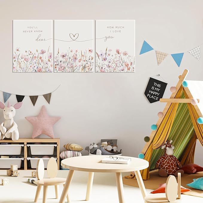 3Pcs Wildflower Nursery Canvas Wall Art Flower Botanical Sentence Poster Painting Picture Wall Decor Boho Girl Nurseries Print Artwork for Nursery Baby Room Living Room Bedroom Home Decoration12x16in