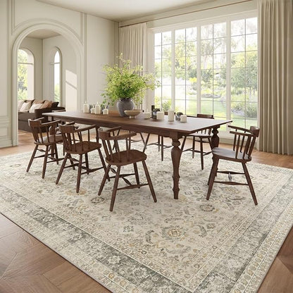 Washable 10x14 Area Rugs for Living Room, Boho Non-Slip Vintage Distress Large Rugs for Bedroom Dining Room Office, 0.3" Neutral Oriental Throw Thin Carpet, Grey/Beige/Multi, C2