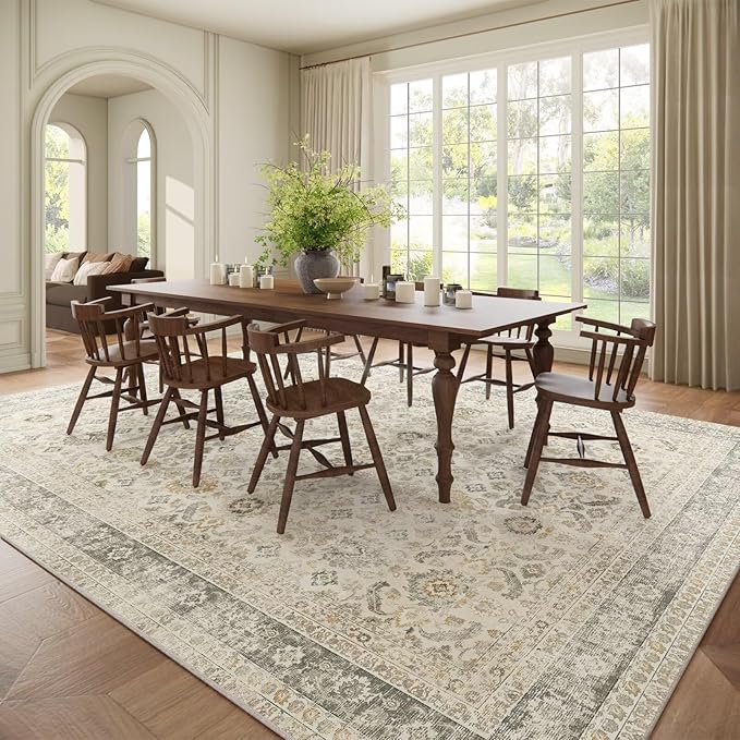 Washable 9x12 Area Rugs for Living Room, Boho Non-Slip Vintage Distress Lager Rugs for Bedroom Dining Room Nursery Office, 0.3" Neutral Oriental Throw Thin Carpet, Grey/Beige/Multi, C2