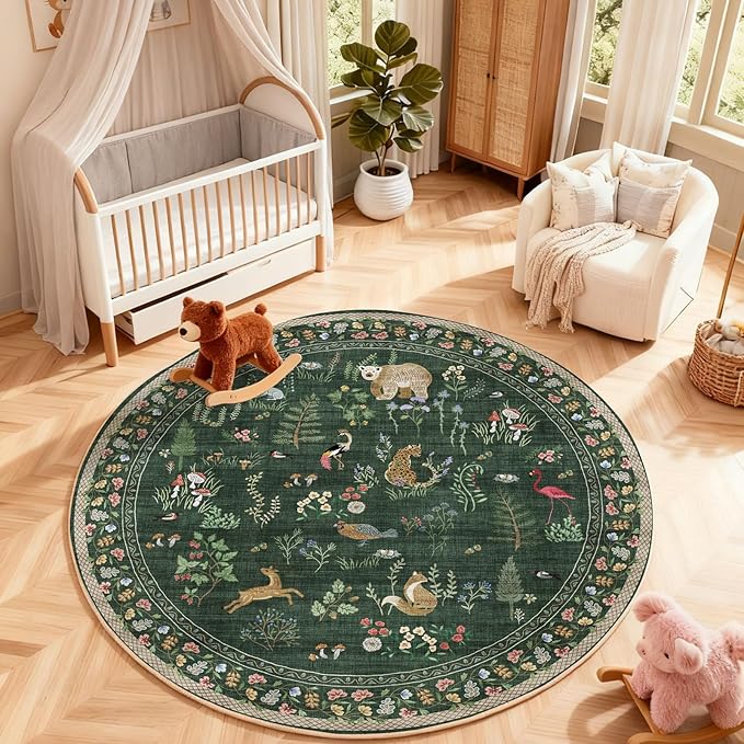 Washable Round Rugs for Bedroom 4ft: Living Room Rug Stain Resistant Non Slip Low Pile Ultra Soft Faux Wool Small Circle Rugs for Kitchen Entryway Nursery Bathroom Entrance Dorm Home Office Indoor