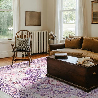 4x6 Area Rugs for Living Room, Machine Washable Vintage Rug, Non-Slip Low Pile Throw Rugs with Rubber Backing Washable Carpet for Bedroom Dining Room Kitchen Home Decor, Purple