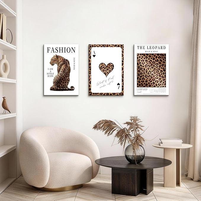 WENGTIAO Trendy Cheetah Canvas Wall Art Prints 3Pcs Fashion Leopard Wall Decor Lucky Ace Card Paintings Preppy Aesthetic Pictures Posters for Living Room Bedroom Study 16x24x3 inch