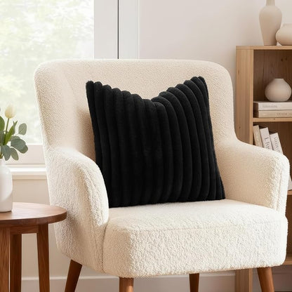 decorUhome Cozy Faux Fur Throw Pillow Covers 18x18 Set of 2 Decorative Soft Plush Striped Modern Farmhouse Boho Couch Pillow Cases with Velvet Back for Sofa Bed Living Room, Black