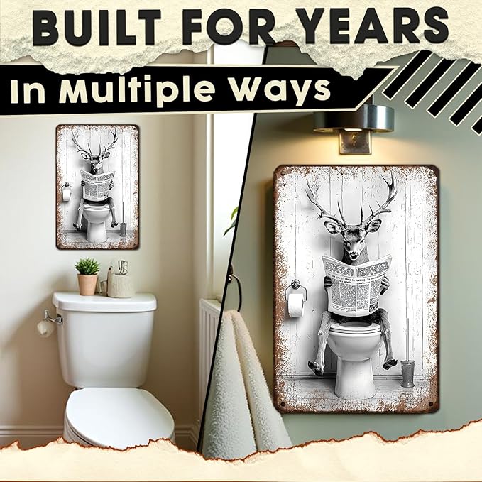 Funny Metal Bathroom Sign Deer on Toilet Reading Newspaper Vintage Black and White Restroom Wall Decor Humorous Buck Stag Tin Sign 8x12 Inch