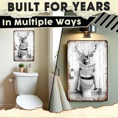 Funny Metal Bathroom Sign Deer on Toilet Reading Newspaper Vintage Black and White Restroom Wall Decor Humorous Buck Stag Tin Sign 8x12 Inch