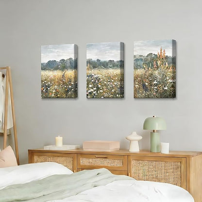 WENGTIAO 3Pcs Spring Wildflower Field Canvas Wall Art Prints Rustic Meadow Landscape Painting Nature Watercolor Flower Pictures Poster Vintage Farmhouse Artwork for Living Room Bedroom 16”x24”x3