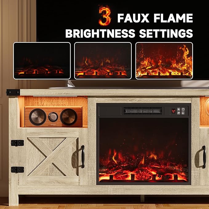 Furmax LED Entertainment Center with Fireplace, Fireplace TV Stand with Storage Cabinets and 2 Open Shelves, Modern Media TV Console for Living Room (Light Oak)