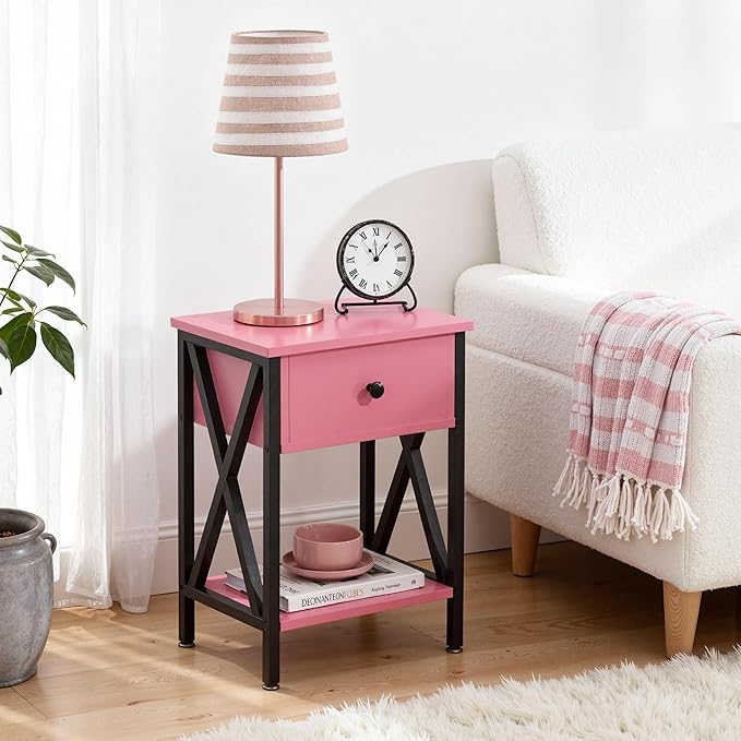 VECELO Nightstand,Modern Bedside End Table, Night Stand with Drawer and Storage Shelf for Living Room Bedroom, Industrial Metal Frame