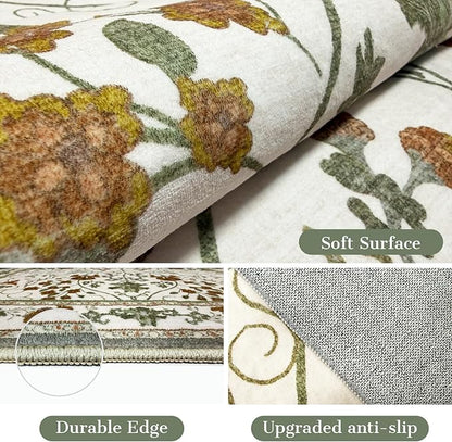 Area Rug 6x9 Machine Washable Vintage Floral Rugs for Living Room,Large Boho Non Slip Indoor Carpet for Bedroom Dining Room,Beige White