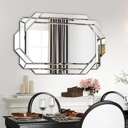 Chende Decorative Wall Mirror with Mirrored Frame, 36" x 24" Octagonal Mirror with Beveled Edge and Glass Pieces for Living Room, Bathroom, Bedroom, Dining Room, Hallway, Unique Design