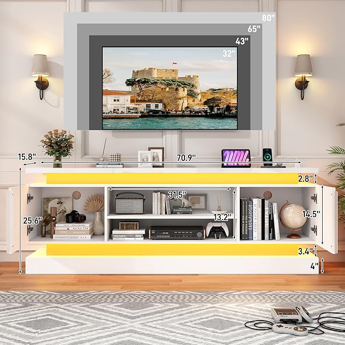St.Mandyu 71" 2 LED TV Stand for TVs 85 inch,High Gloss Gaming Tall Entertainment Center w/Power Outlet,6000-Colors LED Lights,Modern TV Media Console Table with 2 Cabinets for Living Room,White