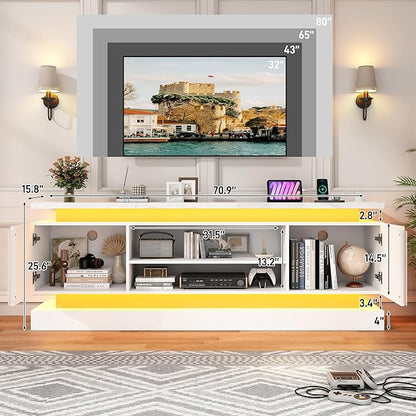 St.Mandyu 71" 2 LED TV Stand for TVs 85 inch,High Gloss Gaming Tall Entertainment Center w/Power Outlet,6000-Colors LED Lights,Modern TV Media Console Table with 2 Cabinets for Living Room,White