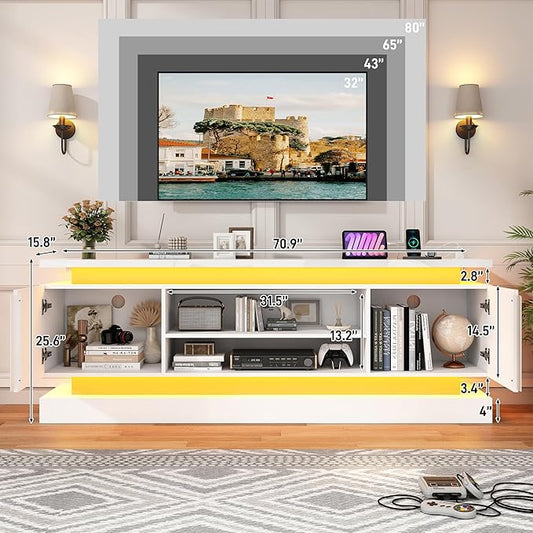 St.Mandyu 71" 2 LED TV Stand for TVs 85 inch,High Gloss Gaming Tall Entertainment Center w/Power Outlet,6000-Colors LED Lights,Modern TV Media Console Table with 2 Cabinets for Living Room,White