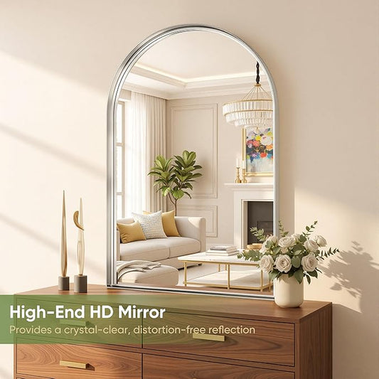 Arched Bathroom Mirror, 24x36 Inch Silver Arched Wall Mirror with Metal Deep Frame, Arch Mirrors for Wall Decor, Vanity, Entryway, Living Room