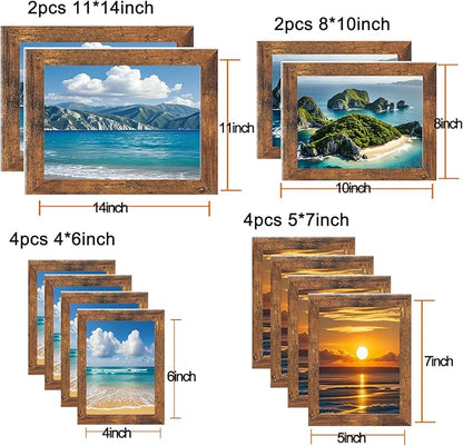 xnlkros 12 pack assorted gallery wall picture frame,rustic farmhouse wood picture frames multiple sizes including 4x6, 5x7, 8x10, 11x14, Ideal for living room hanging or tabletop display,Brown