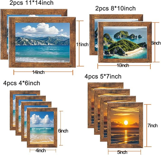 xnlkros 12 pack assorted gallery wall picture frame,rustic farmhouse wood picture frames multiple sizes including 4x6, 5x7, 8x10, 11x14, Ideal for living room hanging or tabletop display,Brown