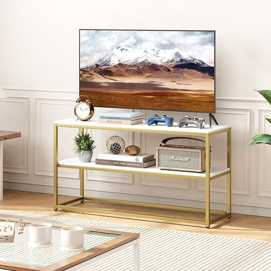 Function Home TV Stand for TVs up to 50 Inch, 2 Tier Entertainment Center, Modern TV Cabinet with Marble Top and Gold Metal Base, 42" Media Console Table with Storage for Living Room Bedroom