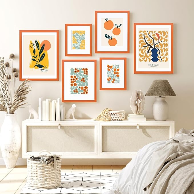 KINLINK 6x8 Picture Frame Orange, Solid Wood Frames with Acrylic Plexiglass for Pictures 4x6 with Mat or 6x8 without Mat, Tabletop and Wall Display Photo Frame, Set of 4