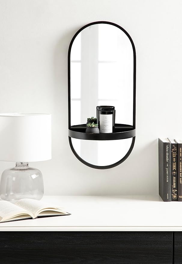Kate and Laurel Estero Modern Metal Oval Mirror with Rounded Shelf; 11 x 25; Black; Decorative Contemporary Capsule Shelf Mirror for Storage and Display