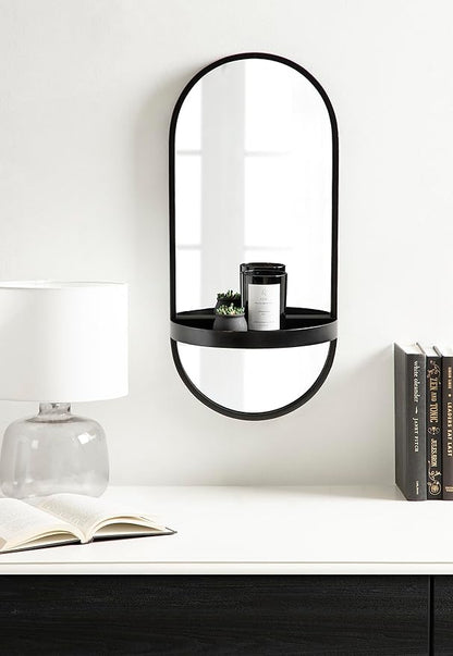 Kate and Laurel Estero Modern Metal Oval Mirror with Rounded Shelf; 11 x 25; Black; Decorative Contemporary Capsule Shelf Mirror for Storage and Display