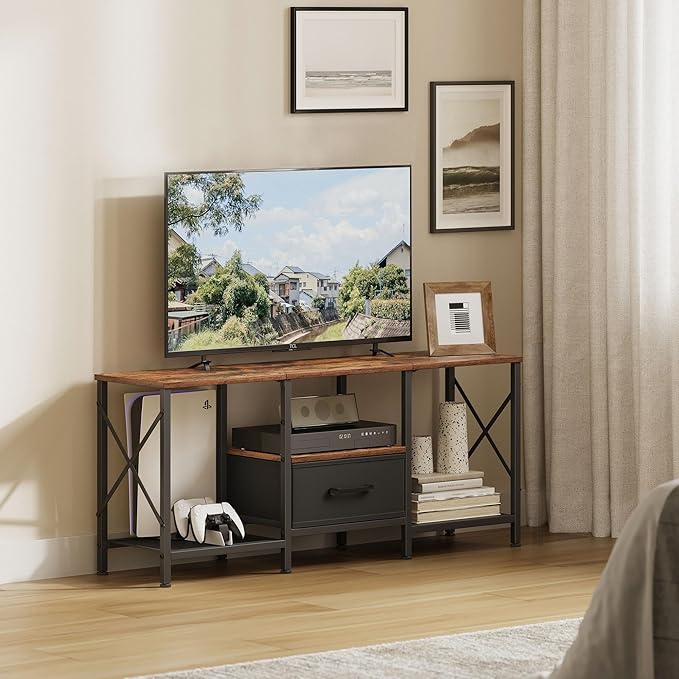 JARHETUN TV Stand with Fabric Drawer, Entertainment Center for 50 55 Inch TV, Industrial TV Console Table with Open Storage Shelves for Living Room, Bedroom, Rustic Brown