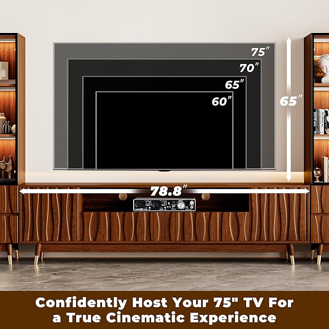 125" Walnut Finish Entertainment Center for 55/65/75 inch TV, Included 78.7'' TV Stand and 2 Glass Display Cabinet, 3-Piece Brown Mid Century Modern Wood Media Console for Living Room