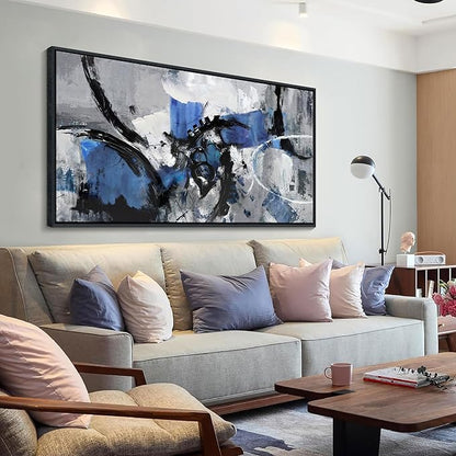 Blue Abstract Wall Art - Large Canvas Wall Art in Navy Blue and Black, Framed Gray Artwork for Living Room, Bedroom, and Office Decorations for Work - Modern Wall Decor and Pictures 30×60IN